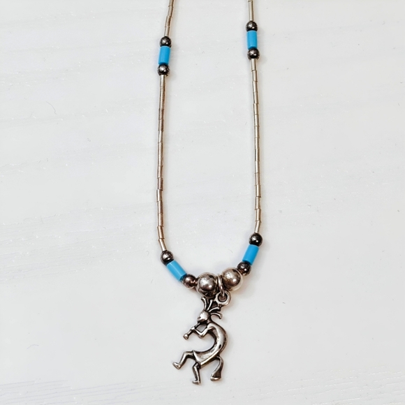 Sun West Silver Sterling Liquid, Turquoise, Ball bead Kokopelli Necklace 16" - Picture 1 of 9